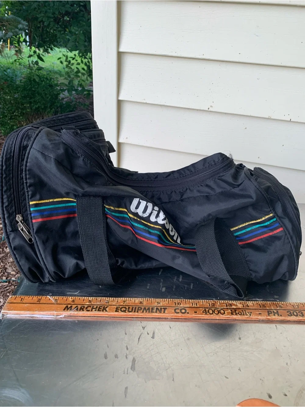 Vintage 70 80s Wilson Black Duffel Gym  Bag with multicolor Stripes